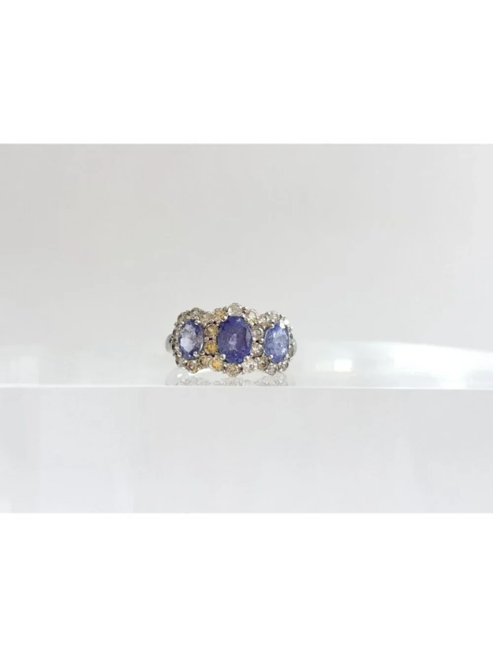 Tanzanite Gemstone Triple Oval Cut Halo Sterling Silver 925 Vintage Ring - sz 8